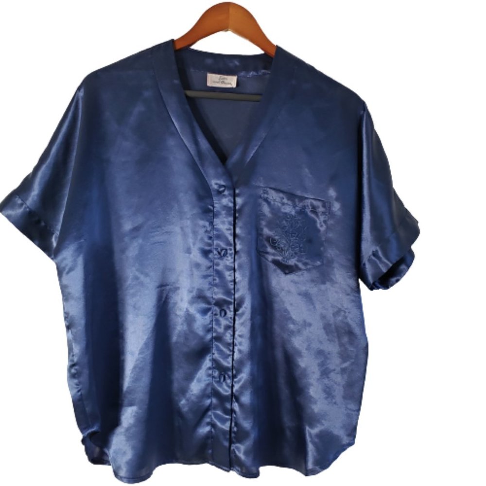 Vintage Satin and Beaux Womens Size M Pajama Top Navy Blue Short Sleeves Comfort